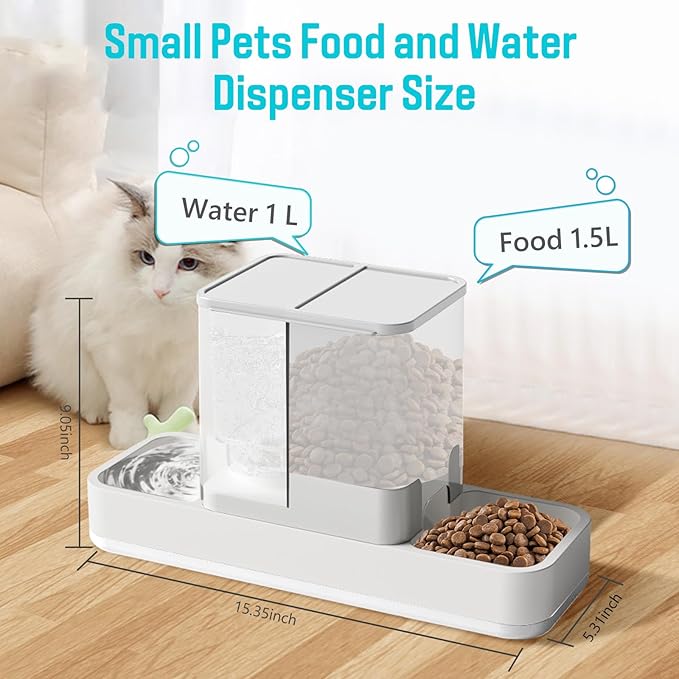 Automatic Small Pet Feeder and Water Dispenser, 2 in 1 Gravity Cat Auto Cat Small Medium Dog Feeder and Waterer Set Dish for Puppy Kitten Pets (White)