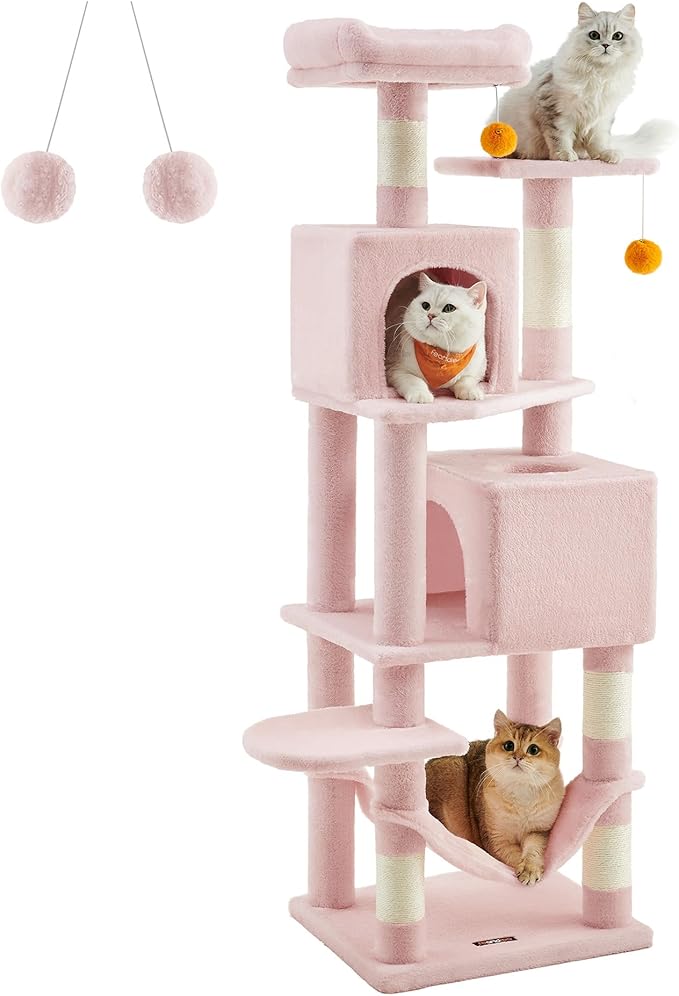 Feandrea Cat Tree, 61-Inch Cat Tower for Indoor Cats, Plush Multi-Level Cat Condo with 5 Scratching Posts, 2 Perches, 2 Caves, Hammock, 2 Pompoms, Jelly Pink UPCT192P01
