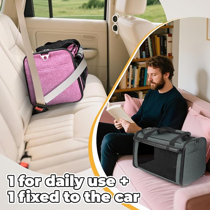 YUDODO 2 Packs 25 lbs Lightproof Soft Sided Cat Carrier for Large Cat & Small Dog Airline Approved Travel Puppy Carriers with Side Pockets & Reflective Mesh, Foldable Portable for Car Grey Green+Pink