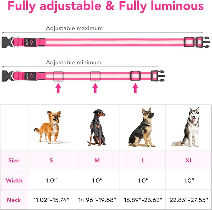 Vizpet LED Dog Collar, Light Up Dog Collar Adjustable USB Rechargeable Super Bright Safety Light Glowing Collars for Dogs (Medium, Pink)