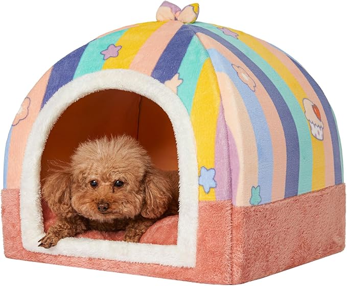 Jiupety Cat Beds for Indoor Cats, Cute Cat House for Cats and Puppy, Cat Cave Bed with Removable Cushion, Large Cat Bed Cat Hideaway Cat Tent, 2-in-1 Pink Cat Bed, L(19" × 19" × 19"), Rainbow.