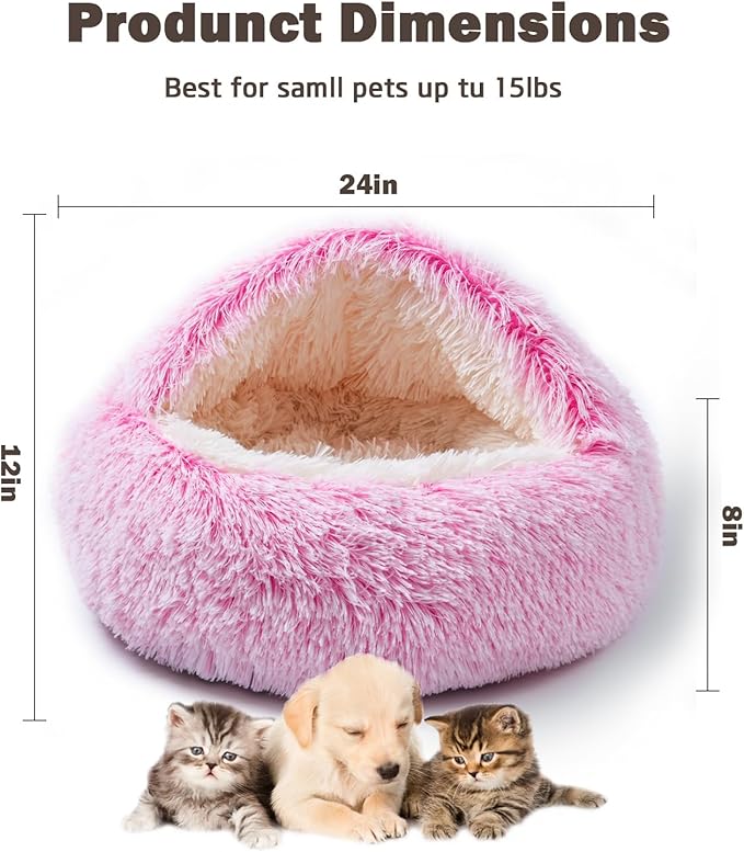 Cat Bed Calming Cat Beds,Indoor Washable Cat Bed,Anti-Slip Faux Fur Fluffy Cuddler Anxiety Cat Bed,Warming Cuddler Cushion Bed for Small Medium Dogs and Cats (Gradient Pink, 24 * 24inch)