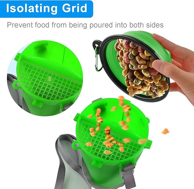 Dog Travel Water Bottle Collapsible Bowls, 2 in 1 Pet Food Container with Collapse Bowls, Outdoor Portable Water Bowls for Walking, Traveling, Camping and Hiking (Green)