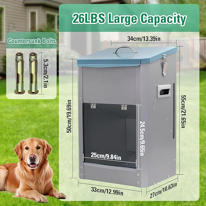 Automatic Dog Feeder Large Breed Dog Food Dispener, 25Lbs Outdoor Pets Feeder Gravity Food Feeder for Large Dogs, Galvanized Hanging Automatic Dog Food Dispenser Container