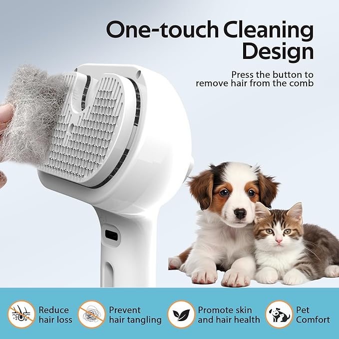 Pet Grooming Brush with Electronic Mist Spray - Gentle Deshedding Tool for Cats & Dogs, Pet Steam Brush,Reduces Shedding, Soft Bristles, Promotes Healthy Coat-Comes with a hair smoothing comb-White