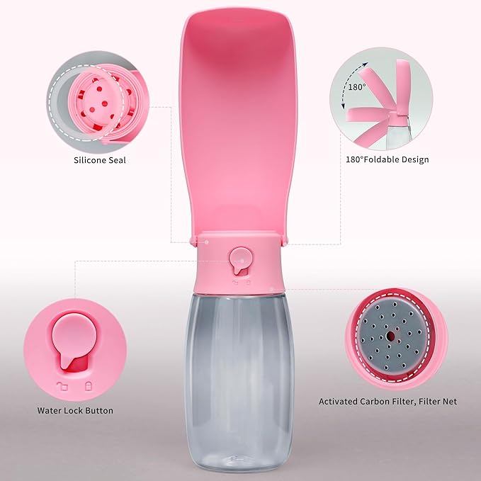 Dog Water Bottle, Leak Proof Portable Puppy Water Dispenser, Travel Puppy Water Bowl, Foldable Transparent Dog Water Bottle for Pets Outdoor Walking, Hiking, Travel, Food Grade Plastic - 19oz Pink