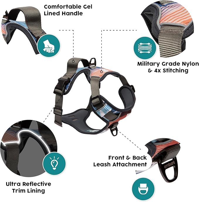 Embark Adventure Dog Harness, Reflective Trim No Pull Dog Harnesses for Small Sized Dogs - Military Grade Nylon, Front Clip with Gel Lined Handle.