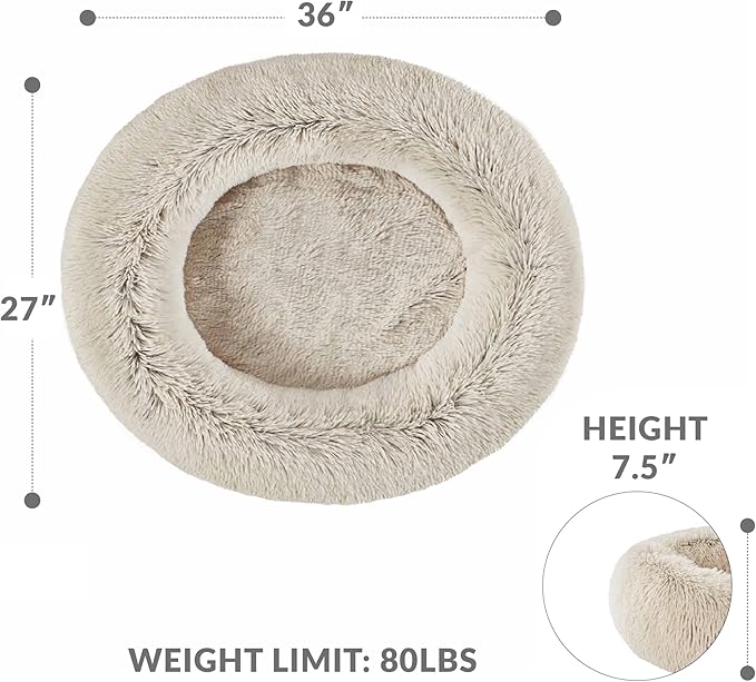 Friends Forever Serena Donut Memory Foam Orthopedic Dog Bed, Soft Faux Fur Oval Cat Couch For Indoor Pet, Fluffy Calming Plush Shag, Round Bolster Cushion, Machine Washable Cuddler, Tan, 36"x27"x7.5"