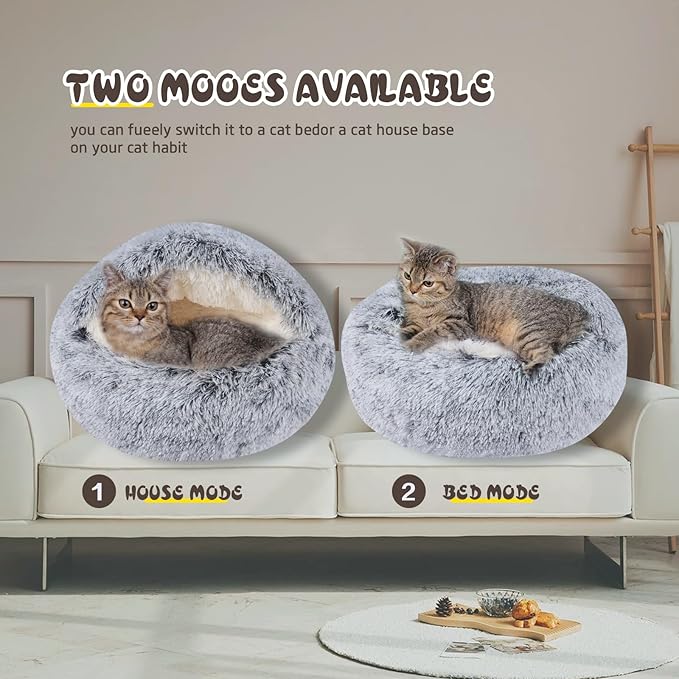 Cat Bed Calming Cat Beds,Indoor Washable Cat Bed,Anti-Slip Faux Fur Fluffy Cuddler Anxiety Cat Bed,Warming Cuddler Cushion Bed for Small Medium Dogs and Cats (Grey, 24 * 24inch)