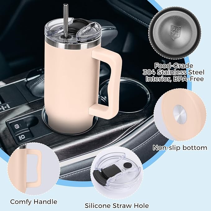 40 oz Tumbler with Handle and Straw Lid Insulated Cup Stainless Steel Water Bottle Travel Mug Gifts for Women Men Kids Trek Collection Thermoses Apricot