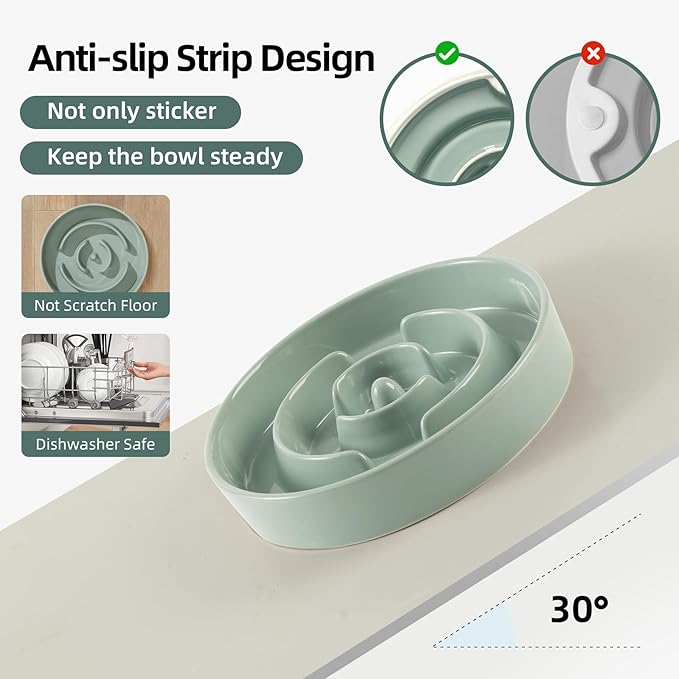 9.5inch Ceramic Raised Slow Feeder Dog Bowl Set, Elevated Bowl with Wooden Stand for Large Dog, Puzzle Slow Pet Food Dish, Preventing Choking(Light Green, Single Bowl+ Stand)