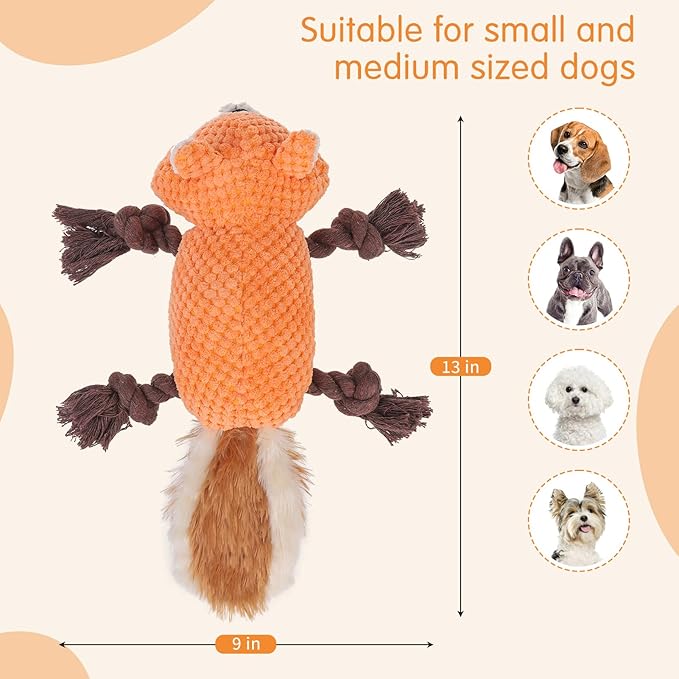 SCENEREAL Tug of War Stuffed Dog Toys for Small Medium Large Dogs,Durable Squeaky Interactive Dog Chew Toys, Keep Them Busy Dog Chew Guard Technology with Rope for Training Indoor(Squirrel, Orange)