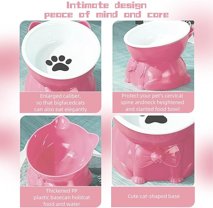 Ceramic Raised Cat Bowl - 5 Inch Tilted Design for Indoor Cats, Anti-Vomiting & Whisker Fatigue Relief, Non-Slip Base, Pink