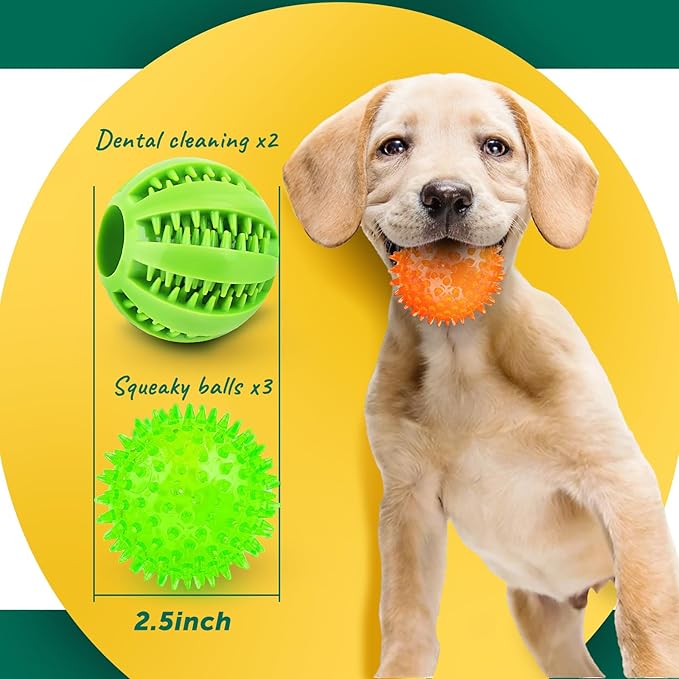 Interactive Dog Toys - 2.5' Squeaky Teething Chew Balls for Small Dogs, Clean Teeth & Training (5Pcs)