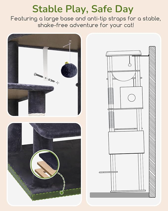 Globlazer Heavy Duty Cat Tree, 74in Sturdy Cat Tower for Large Cats Adult, Big Cat Tree with 5 Sisal Scratching Posts, 2 Padded Condos, 2 Dual-Ear Hanging Baskets, Enlarged Top Perch, S74, Dark Grey