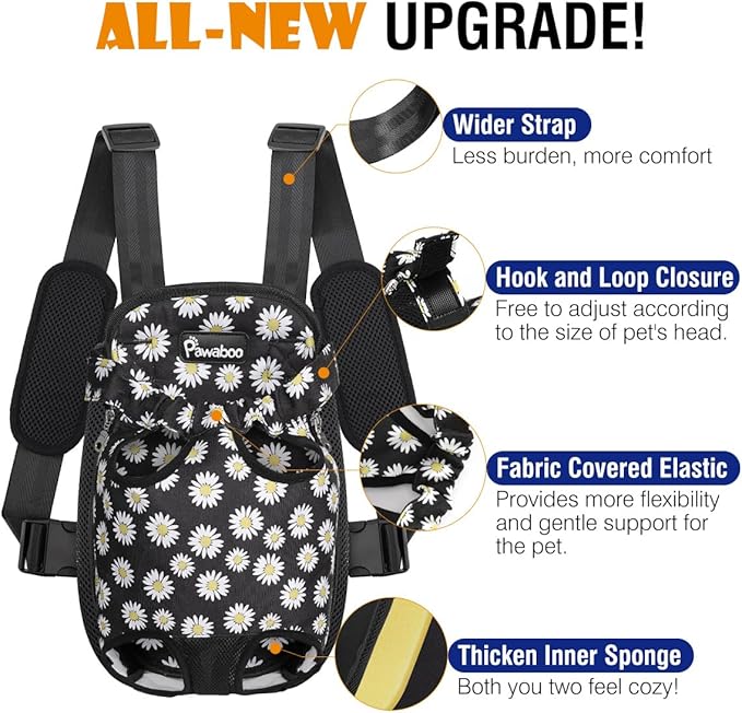 Pawaboo Pet Carrier Backpack, Adjustable Pet Front Cat Dog Carrier Backpack Travel Bag, Legs Out, Easy-Fit for Traveling Hiking Camping for Small Medium Dogs, Large Size, Black Daisy