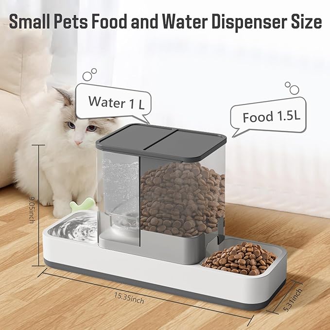 Automatic Small Pet Feeder and Water Dispenser, 2 in 1 Gravity Cat Auto Cat Small Medium Dog Feeder and Waterer Set Dish for Puppy Kitten Pets (Grey)