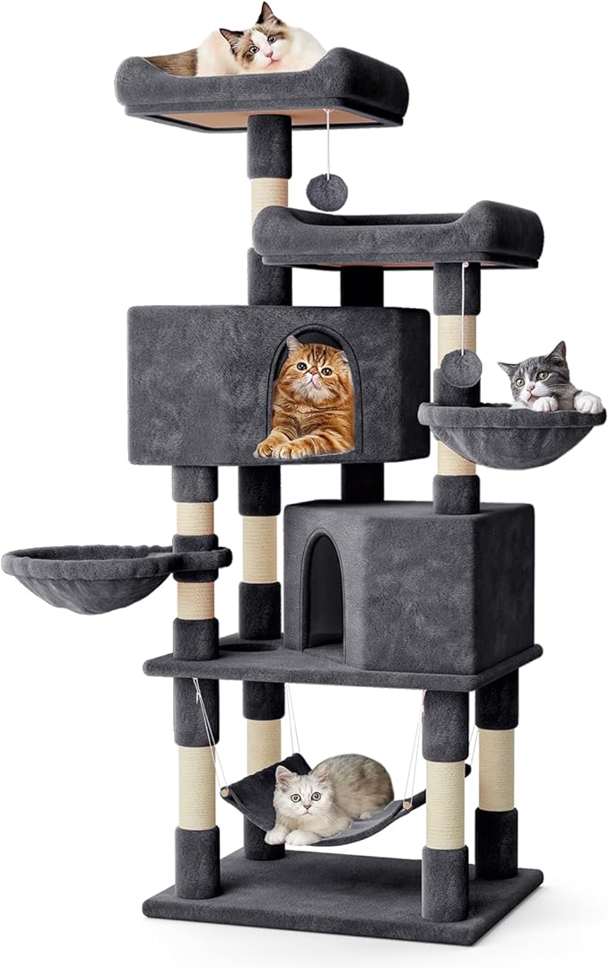 MoNiBloom Cat Tree, 58 Inch Cat Tree Tower with 2 Cat Condo, Cat Tower with Scratching Post, Cat Climbing Tower with 3 Hammock, Cat Tree for Indoor Cats, Somky Grey