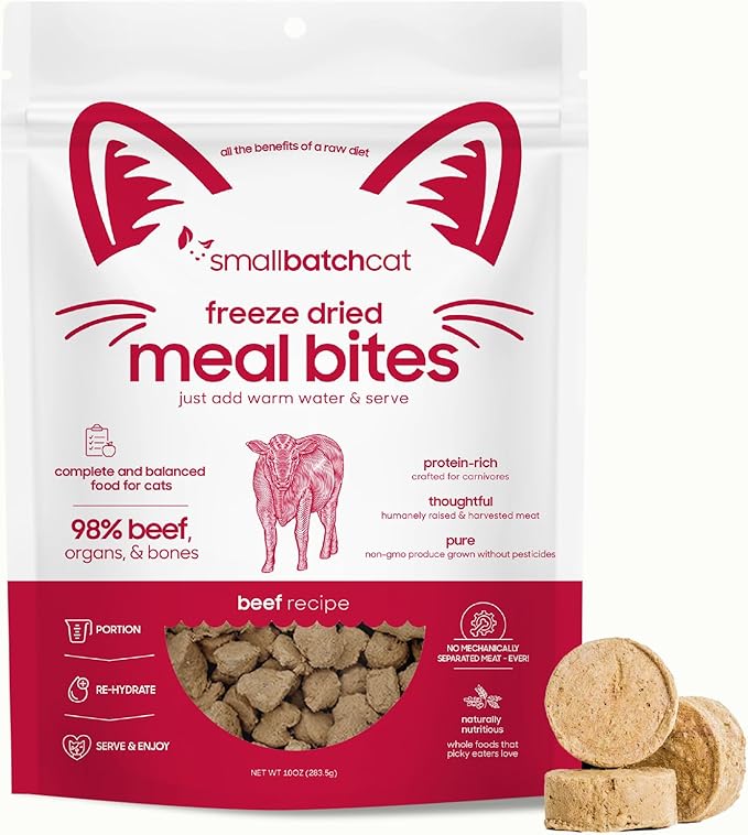 smallbatch Pets Freeze Dried Cat Treats, Raw Dry Cat Food Bites, Beef Recipe, High Protein Food Topper or Training Treats for Cats, Humanely Sourced Meat, Made in The USA, Non GMO, 10 oz Bag