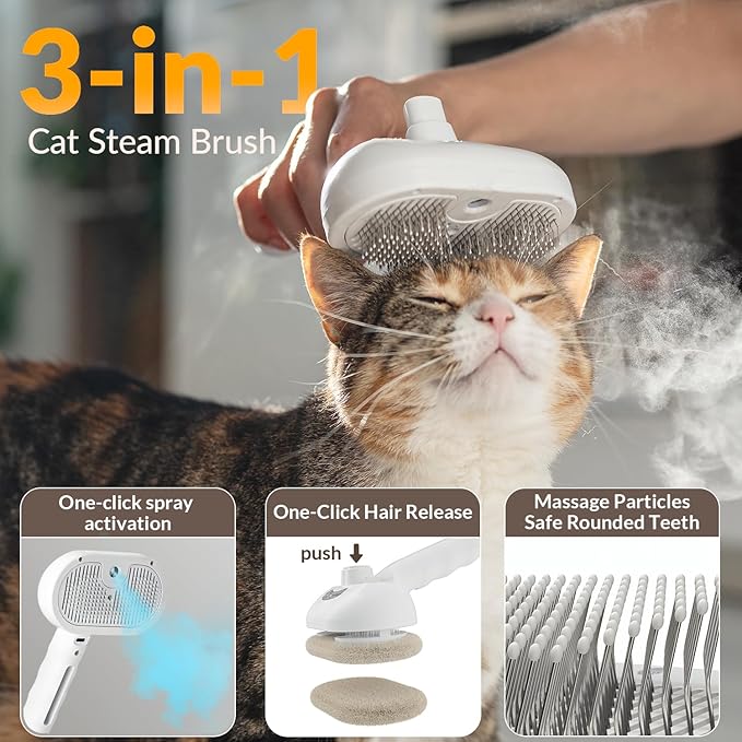 Pet Steam Brush for Dog & Cat, Water Brush for Long & Short Haired Pets with Mist Spray, Deshedding Tool, Pet Hair, Tangle-Free Grooming Brushs for Long/Short Haired Pets