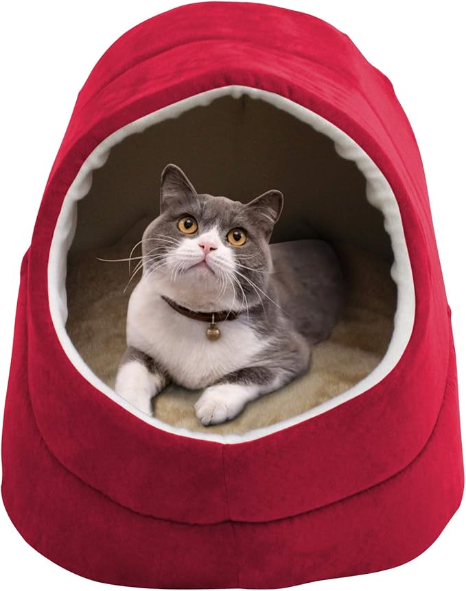 GOOPAWS Cat Cave for Cat and Warming Burrow Cat Bed, Pet Hideway Sleeping Cuddle Cave (Burgundy-2)