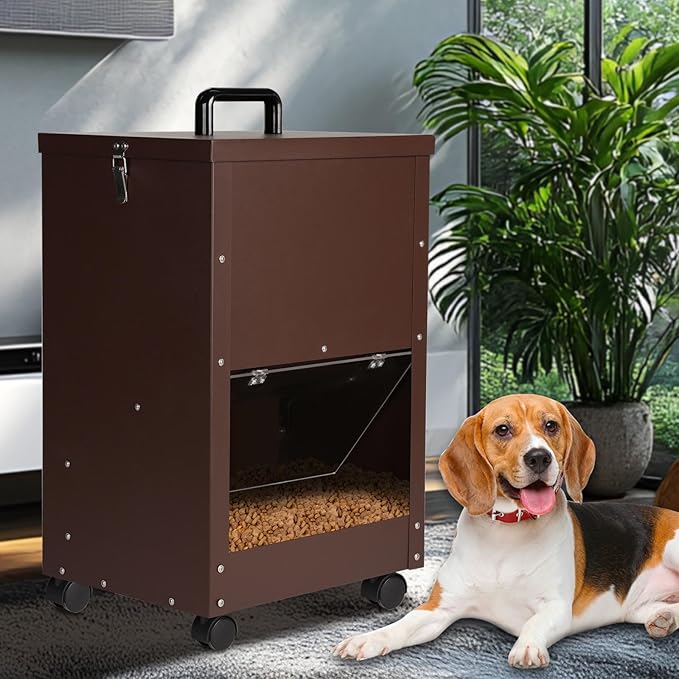 Galvanized Automatic Dog Feeder Large Breed 45 Pounds, Metal Dog Food Gravity Feeder Extra Large Automatic Pet Feeder, Easy to Move with Wheels