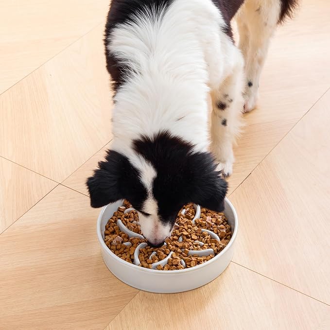 vancasso Ceramic Slow Feeder Dog Bowls, Puzzle Dog Food Bowls with Floral Maze, Anti -Slip Pet Food Dish for Large Breed, 3 Cups, Grey