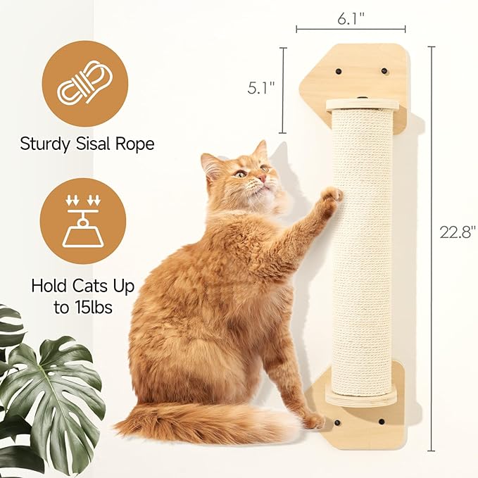 MEWOOFUN Cat Scratching Post, 22.8'' x 5.1'' Cat Wall Furniture, Wooden Sisal Cat Scratchers for Indoor Cats, Wall Mounted Tall Cat Scratching Post for Multi-Functions