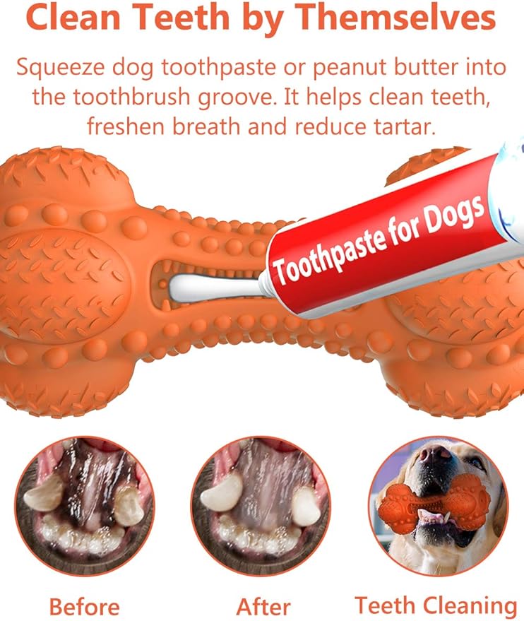 SCHITEC Squeaky Dog Chew Toy, Tough Durable Natural Rubber Bone with Toothbrush, Indestructible for Aggressive Chewers Large Medium Breed Teeth Cleaning