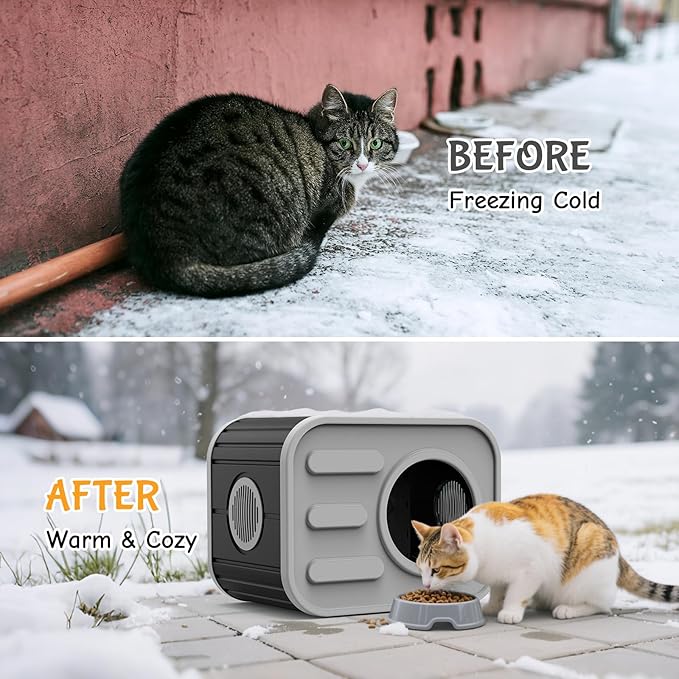 Outdoor Cat House, Outside Cat Shelter with Bed Mat for Feral Cat, Plastic Pet House for Indoor and Outdoor Use, Weatherproof, Black