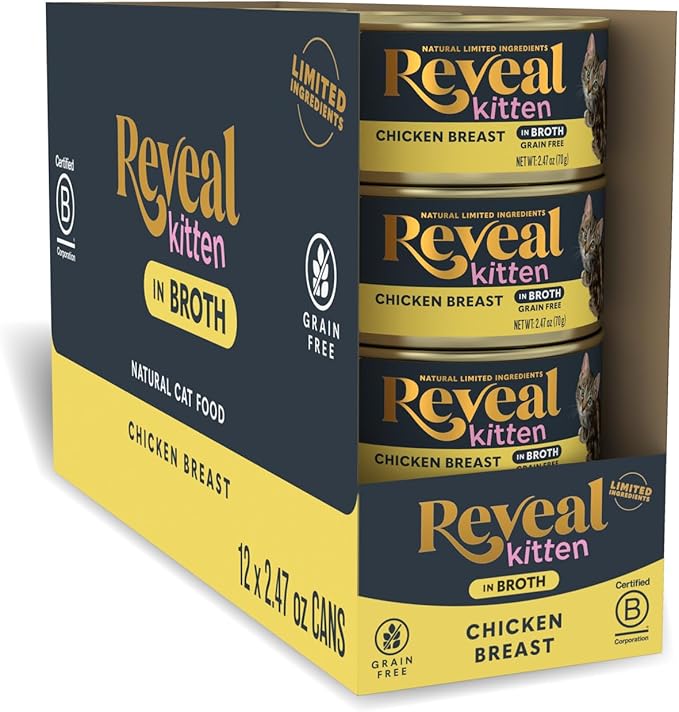 Reveal Natural Wet Kitten Food in Broth, Limited Ingredient Grain Free Canned Kitten Food, Protein with No Artificial Additives, Chicken Breast in Broth (12 x 2.47 oz Cans)