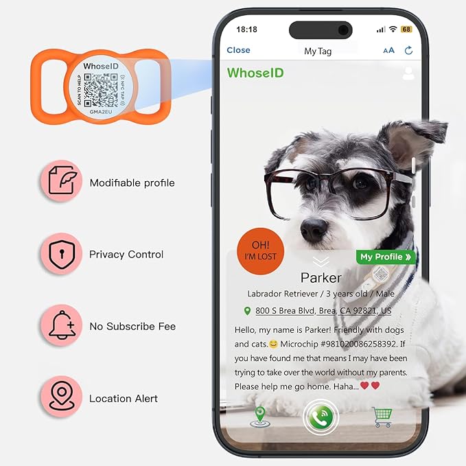 QR Code Dog Tag with NFC, Personalized Pet ID Tag, Silent Silicone Dog ID Tag, Modifiable Pet Online Profile, Multiple Emergency Contact, Scan QR Code Send Location Email (Small, Orange)