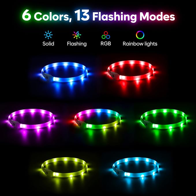 HIGO RGB LED Dog Collar Light - USB Rechargeable Light Up Dog Collars, Safety LED Dog Necklace for Your Dogs Walking at Night (Multi-Color)