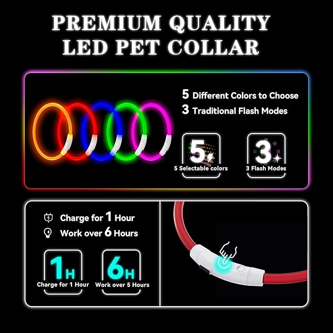 Light Up Led Dog Collar Rechargeable Waterproof, Glow in Dark Dog Collar, TPU Cuttable Lighted Dog Collars for Night Walking Charging USB, Safety for Small Medium Large Dogs Red