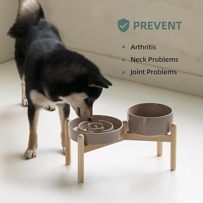 Ceramic Raised Slow Feeder Dog Bowl Set, Elevated 6.1inch Bowl and 7.3inch Puzzle Slow Food Dish with Wooden Stand for Small and Medium Dog, Anti-Gulping (2X Brown Coffee+ Stand)