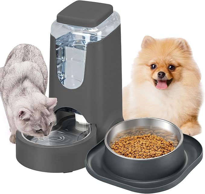 Automatic Cat Water Feeder and Food Bowl, Gravity Stainless Steel Cat Waterer Set for Small Medium Kitten Puppy Pets(1 Gallon + 12oz,Grey)
