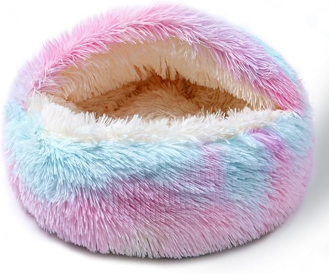 Cat Bed Calming Cat Beds,Indoor Washable Cat Bed,Anti-Slip Faux Fur Fluffy Cuddler Anxiety Cat Bed,Warming Cuddler Cushion Bed for Small Medium Dogs and Cats (Dazzling colors, 20*20inch)