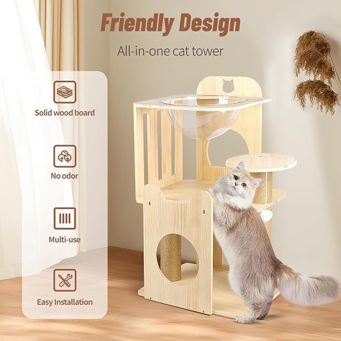 Cat Tree Tower, 32" Tall Wood Cat House Condo with Scratching Post, Cat Tower with Clear Space Capsule Detachable Cat Furniture for Indoor Small and Medium Cats