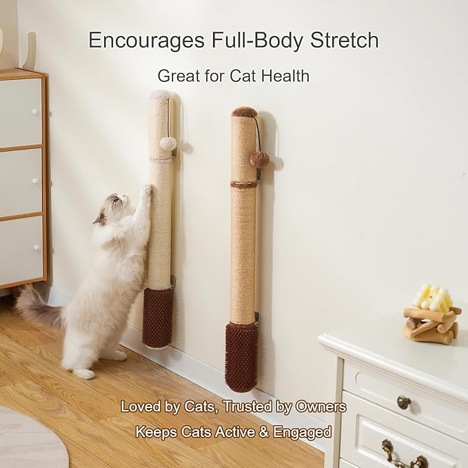 34" Extra-Tall Wall Mounted Cat Scratcher – Vertical Sisal Scratching Post for Large Cats, Space-Saving Cat Wall Climber with Self-Grooming Brush & Hanging Ball Toy, Modern Brown Decor