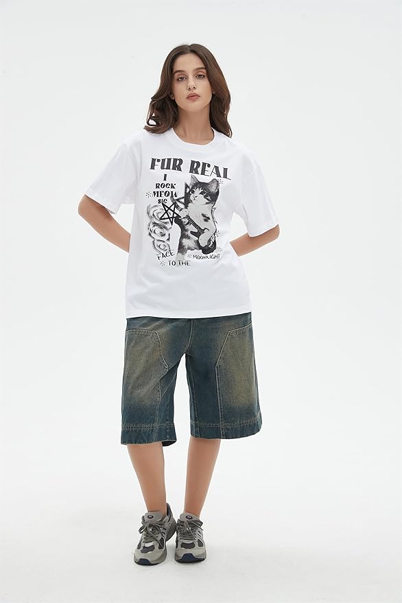 Y2k Graphic Unisex Tees Rock Guitar Cat T-Shirt Short Sleeve Oversized Tee Vintage Retro Grunge Streetwear Shirts