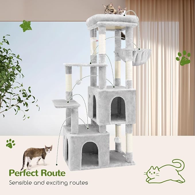 Globlazer Cat Tower for Indoor Cats, Heavy Duty Cat Trees for Large Cats Adult Big Cats Maine Coon Cat Tree Tower with Scratching Post, Extra Large Top Perch, Cat Condos, F61, Cloud Grey, 61inch