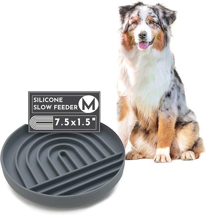 The Slowdown Bowl Silicone Slow Feeder for Dogs & Puppies, Slow Eating, Modern Lick Mat Design, Reduces Gulping, Fits 2 Cups 7.5” Across x 1.5” Tall, Mealtime Challenge, Medium-Charcoal