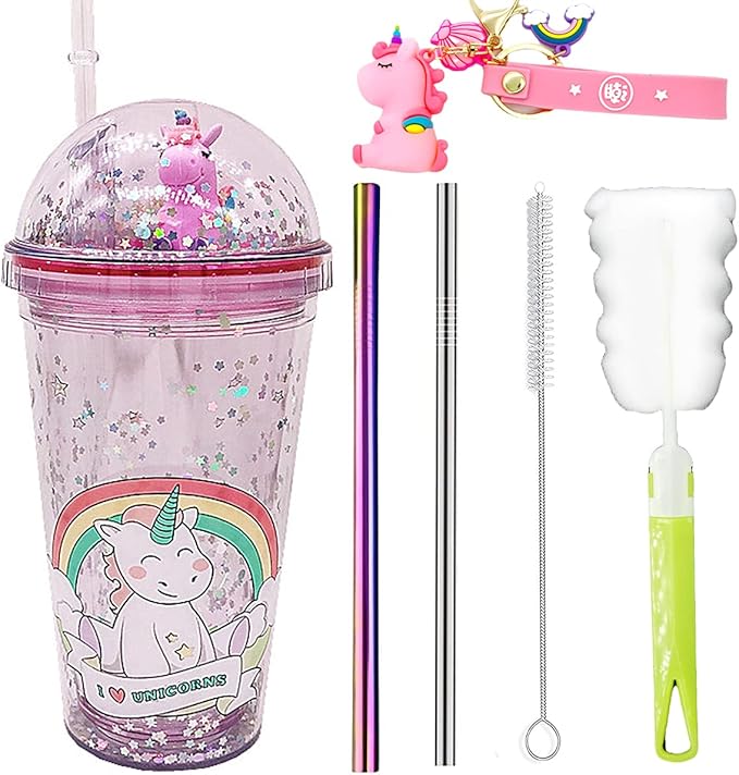 Unicorn Cup with Straw Travel Tumbler Party Cup Reusable Plastic Drinking Water Bottle Women Ice Coffee (purple unicorn, 6.5 * 20cm)