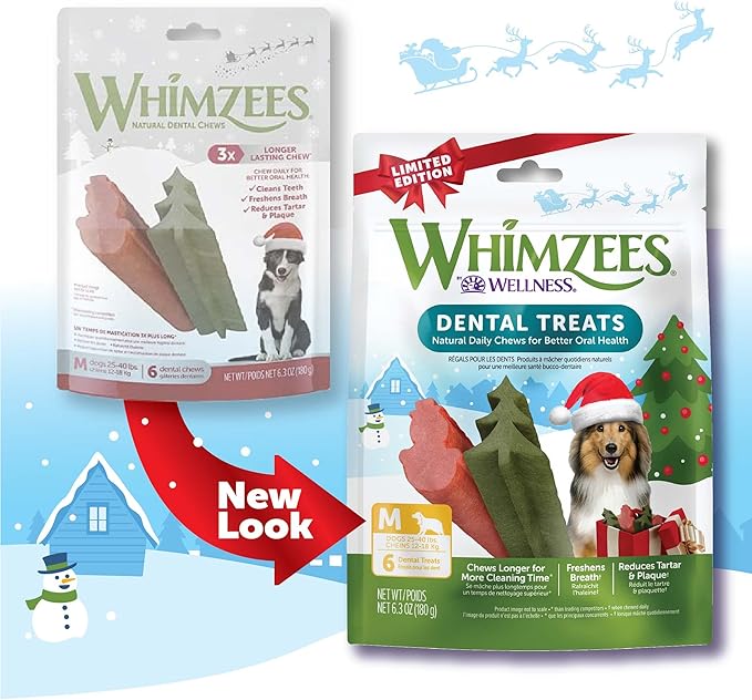 WHIMZEES Wellness Holiday Dog Dental Treats, Natural Chews, for Dogs, Size Medium Stick, (6 Count)