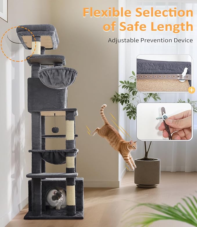 Cat Tree Large Cat Tower Tree 68" Multi-Level Cat Tower for Indoor Cats with Sisal Scratching Posts, Widen Cat Perche, Square Hammock, 2 Widen Condos, Scratching Posts, Grey