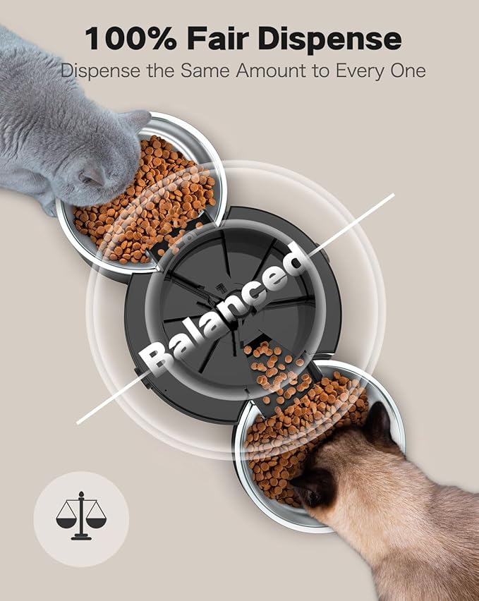 SURDY Automatic Cat Feeder for 2 Cats, 3L Food Dispenser Auto Cat Feeder with 2 Stainless Bowls, 10s Meal Call Dual Power Supply and Timer Setting 12 Portions 6 Meals Per Day for Cats and Dogs