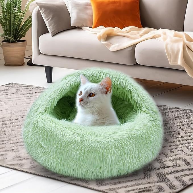 Calming Dog Beds & Cat Cave Bed with Hooded Cover,Washable Round Beds for Small Medium Pets,Anti-Slip Faux Fur Fluffy Coved Bed,Comfortable Warming Pet Bed(20 * 20inch,Green)