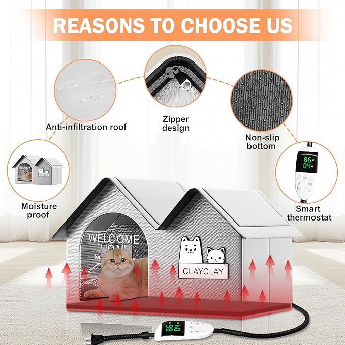 Heated Cat House for Outside Pets in Winter,Winter Shelter for Indoor Outdoor Ferals,Cats & Small Dogs with Heating Pad,Kitty Heated House with Waterproof Suitable for All Seasons(28"D x 17"W x 18"H)