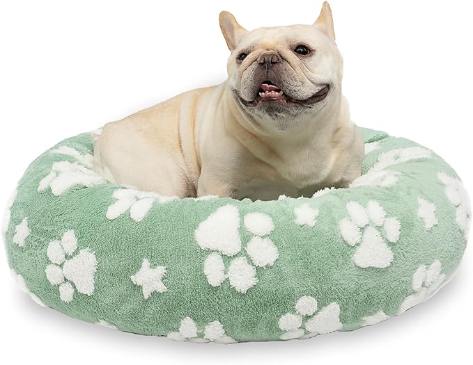 Donut Dog Beds for Small Dogs, Calming Round Cat Beds for Indoor Cats, Cute 3D Textured Paw Pet Bed with Removable Washable Cover and Anti-Slip Bottom(Green,23")