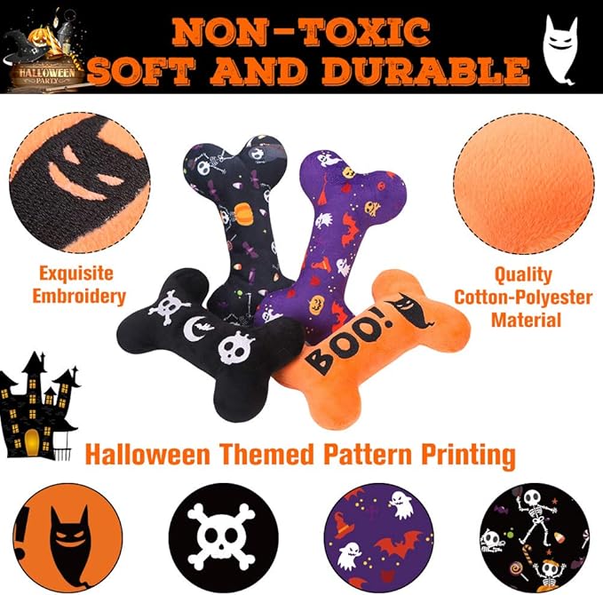 SCENEREAL Dog Squeaky Toy - Halloween Bone Toy 4 Pack - Durable Plush Chew Toys with Squeakers Interactive Game Suitable for Small Medium Dogs